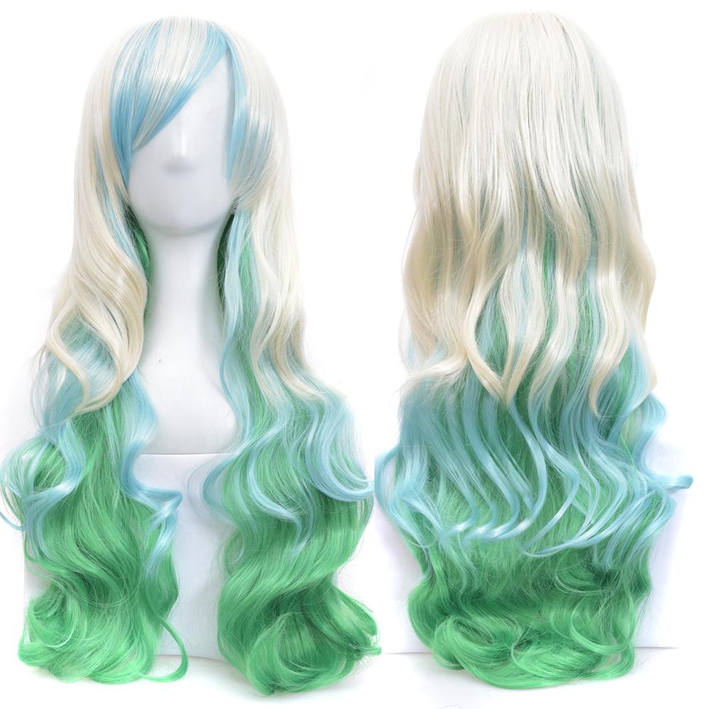 Professional White and Blue Curly Hair Cosplay Wig with Bangs Colorful Halloween Costume Party Wigs for Women