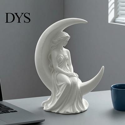 Literair Stijl Beeld Maangodin Fee Beeldje, Mat Wit Beeldhouwwerk, 3D Geprint PLA Boekenplank Ornamenten Gevleugeld Beeld, Mystieke Fantasie