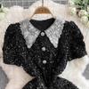 Summer Women Sweet Peter Pan Collar Black Sequined Diamonds Button Mini Short Fairy Princess Party Dresses