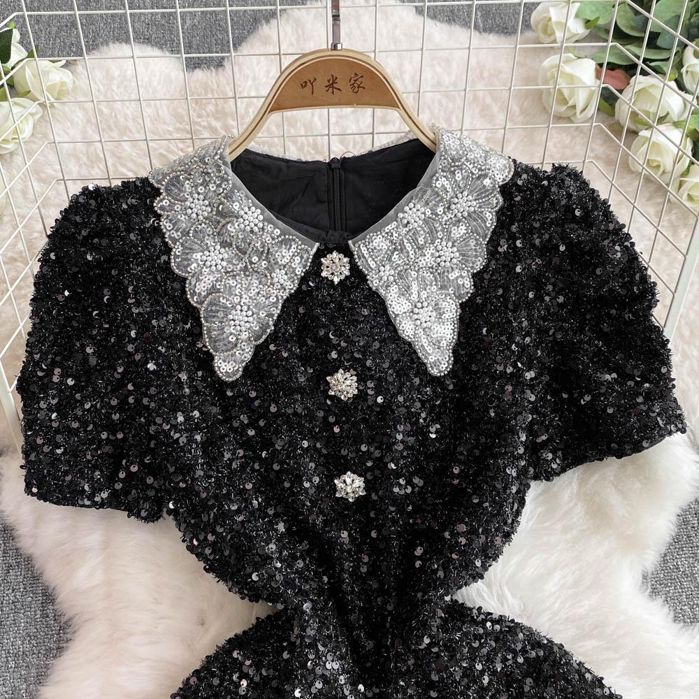 Summer Women Sweet Peter Pan Collar Black Sequined Diamonds Button Mini Short Fairy Princess Party Dresses