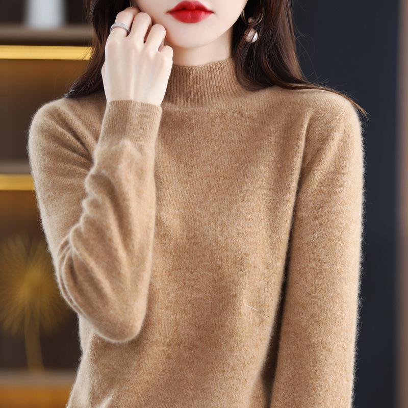 Women's 100% Wool Seamless Pullover Sweater: Autumn/Winter Half-High Neck Base Layer