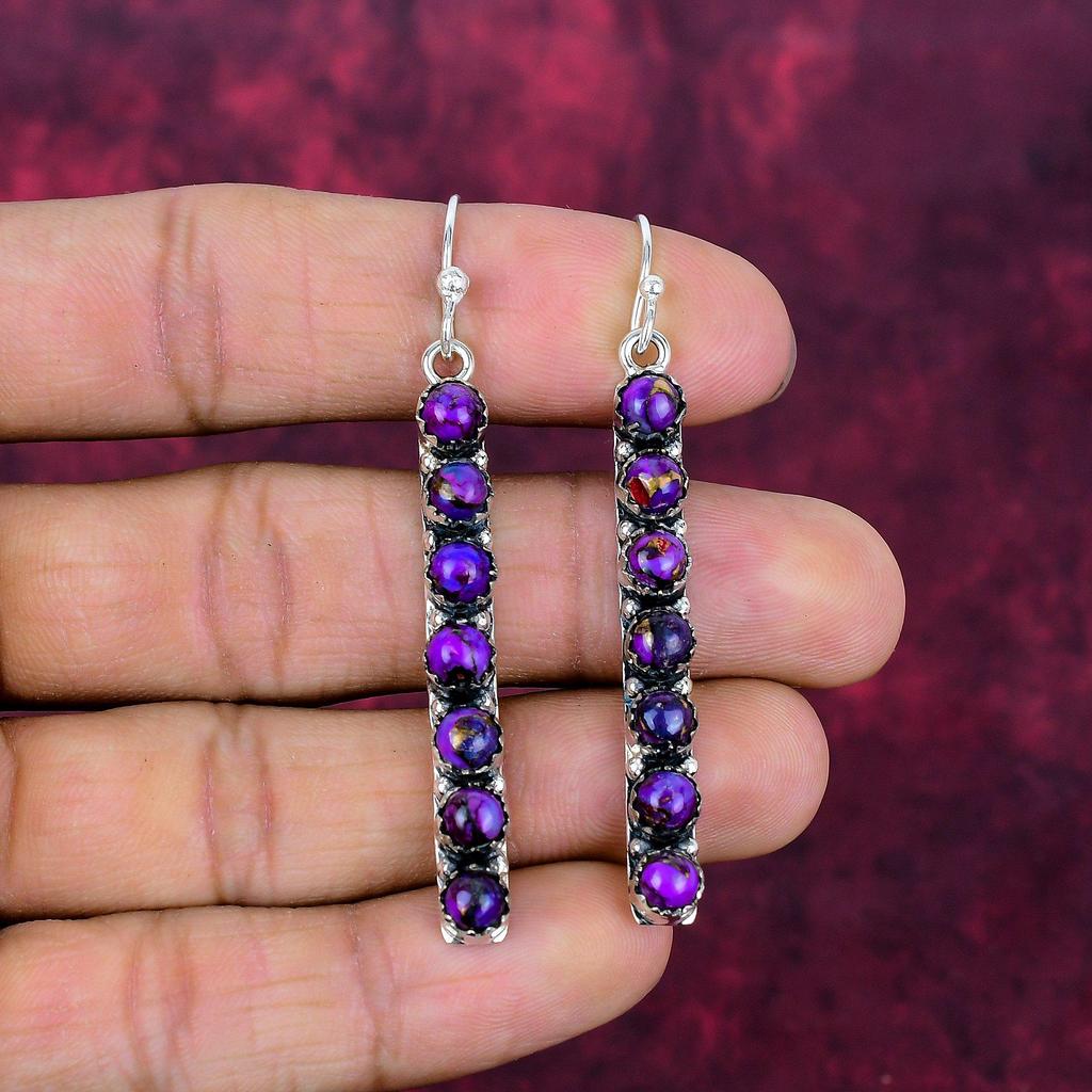 Fialové měděné tyrkysové náušnice, šperky z masivního sterlingového stříbra 925, náušnice z drahokamů, dárek pro ni, ručně vyráběné jemné šperky