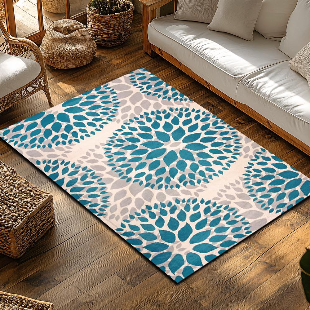 Blue Gray Floral Bohemian Rug, Flower Pattern Non-Slip Carpet, Soft Living Room Mat for Cozy Home Decor