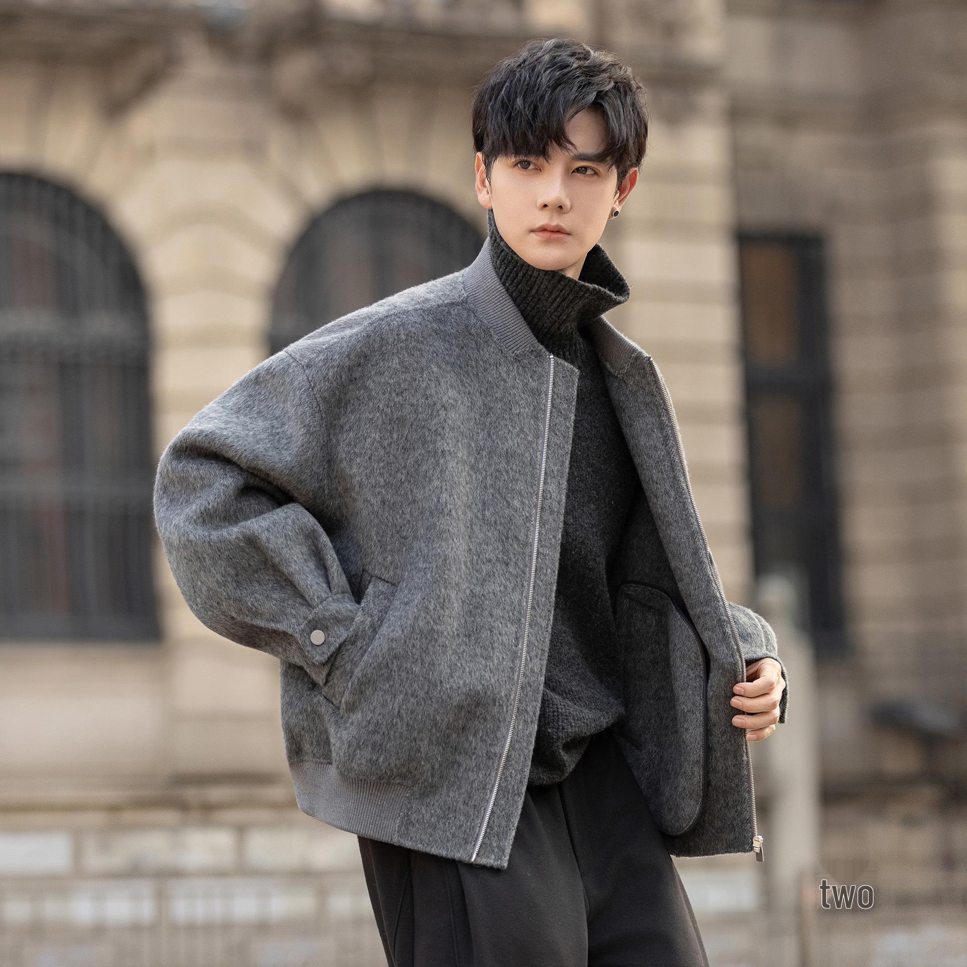 

Men s High-End Wool Coat - Autumn/Winter 2025 Stand Collar Short Jacket 2XL чорний колір сірий