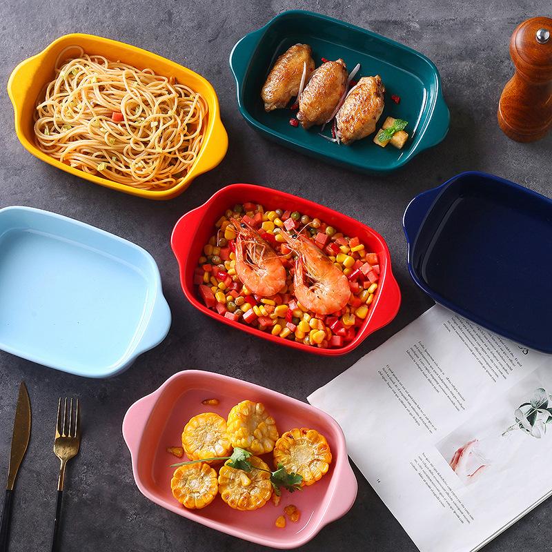 Cheese Baked Rice Plate Creative Ceramic Baking Pan Baking Binaural Plate Vegetable Plate Microwave Oven Cutlery Household Baking Bowl