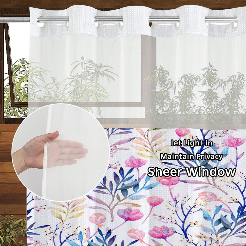 No Hook  Floral Pattern Shower Curtain With Snap-in Fabric Liner, Sheer Top Window, Waterproof Double Layer Bathtub Curtain