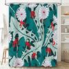 Modern Floral Bathtub Shower Curtain Fabric Decor for Home Bathroom In Red White with Leaves Design Green Background 180 X 245cm