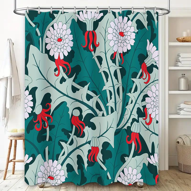 Modern Floral Bathtub Shower Curtain Fabric Decor for Home Bathroom In Red White with Leaves Design Green Background 180 X 245cm