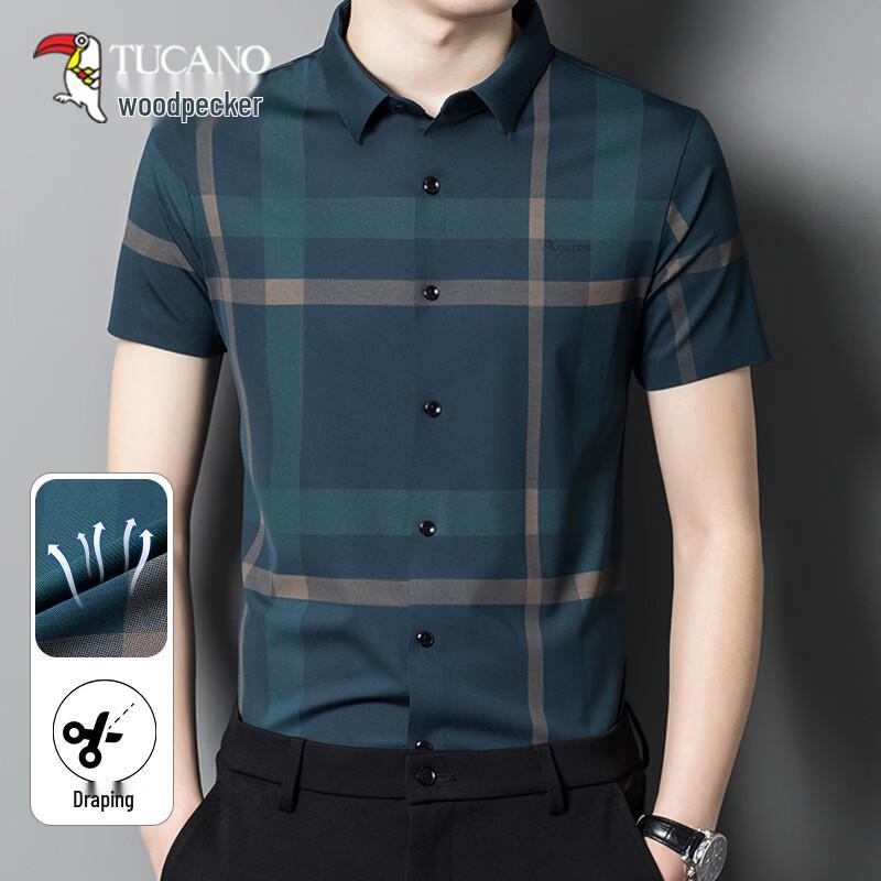 TUCANO Men s Business Casual Ice Silk Plaid Short-Sleeve Shirt 2XL