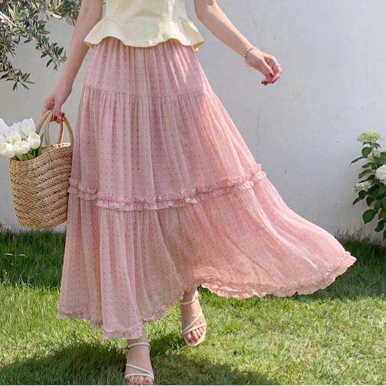 Qooth Polka Dot Print Ruffle Hem Full Flare A-Line Midi Skirt Fashion Versatile Half Skirt for Women QT2915