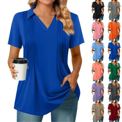 Camisetas femininas de manga curta, plissadas, decote em V, cor sólida, gola alta, tops de verão, moda, negócios, casual, trabalho