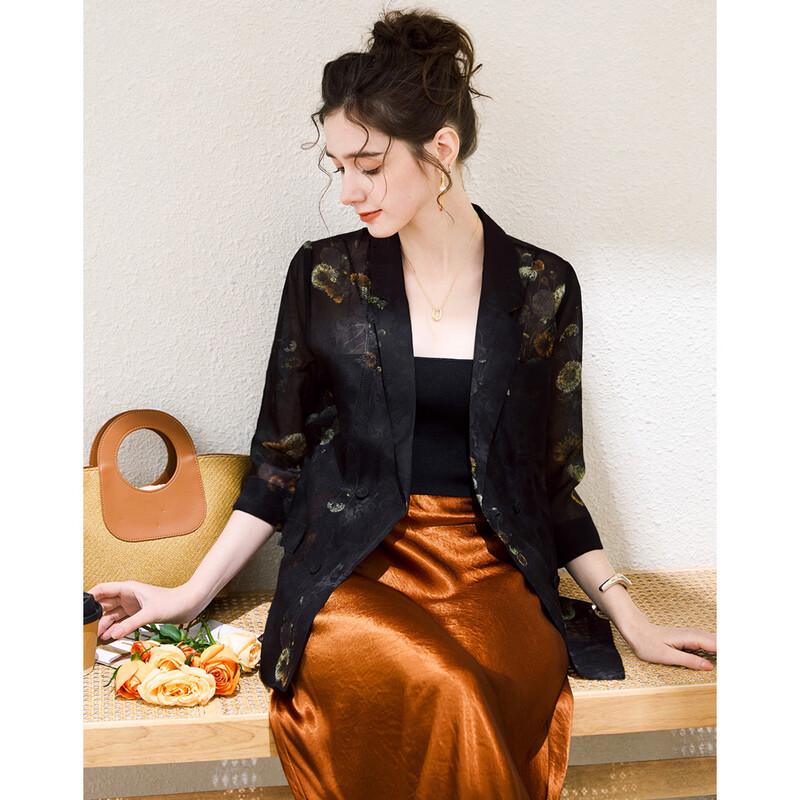 Tuhuang 100% Mulberry Silk Printed Sheer Lapel Cardigan M