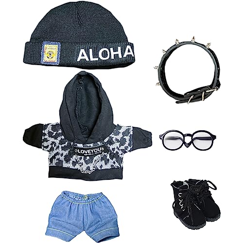Niannyyhouse 15cm Plush Clothes: Leopard Print Suit, Stretch Hat, Hoodie, Shorts, Accessories, Glasses, Shoes, Cotton Doll, Dress-Up (White+Black, 15c