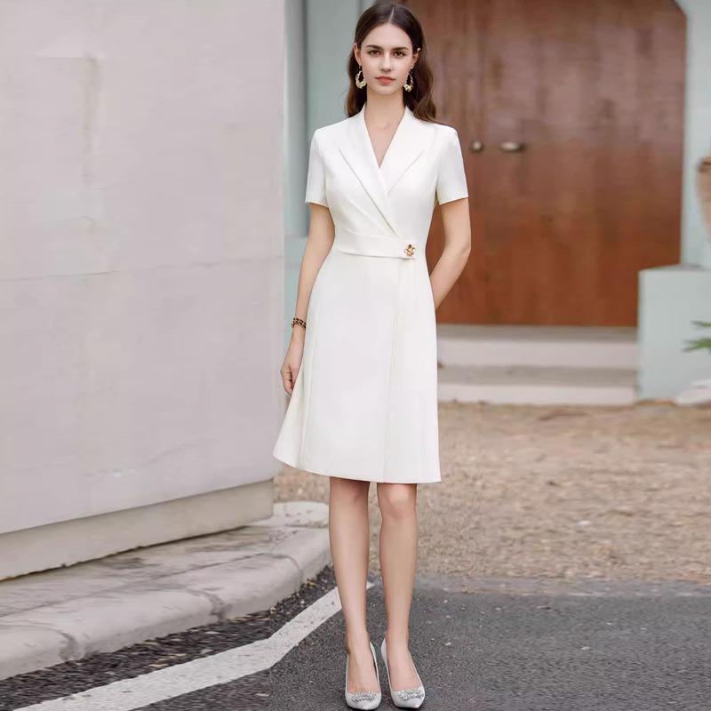 Women's Professional White Summer Dress - Short Sleeve & Waist-Slimming Design for Office Wear