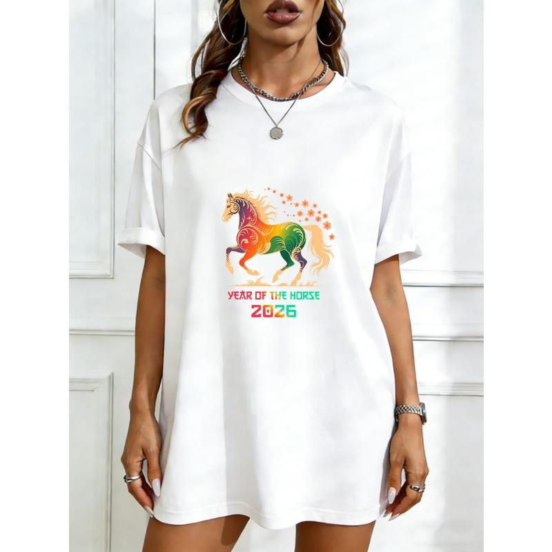 

T Shirt Black Rainbow Horse Year Of The Horse 2026 Print Casual Wear For Women Fashion Statement Piece Summer Outfit Streetwear Trendy Graphic Tee XXXXL білий