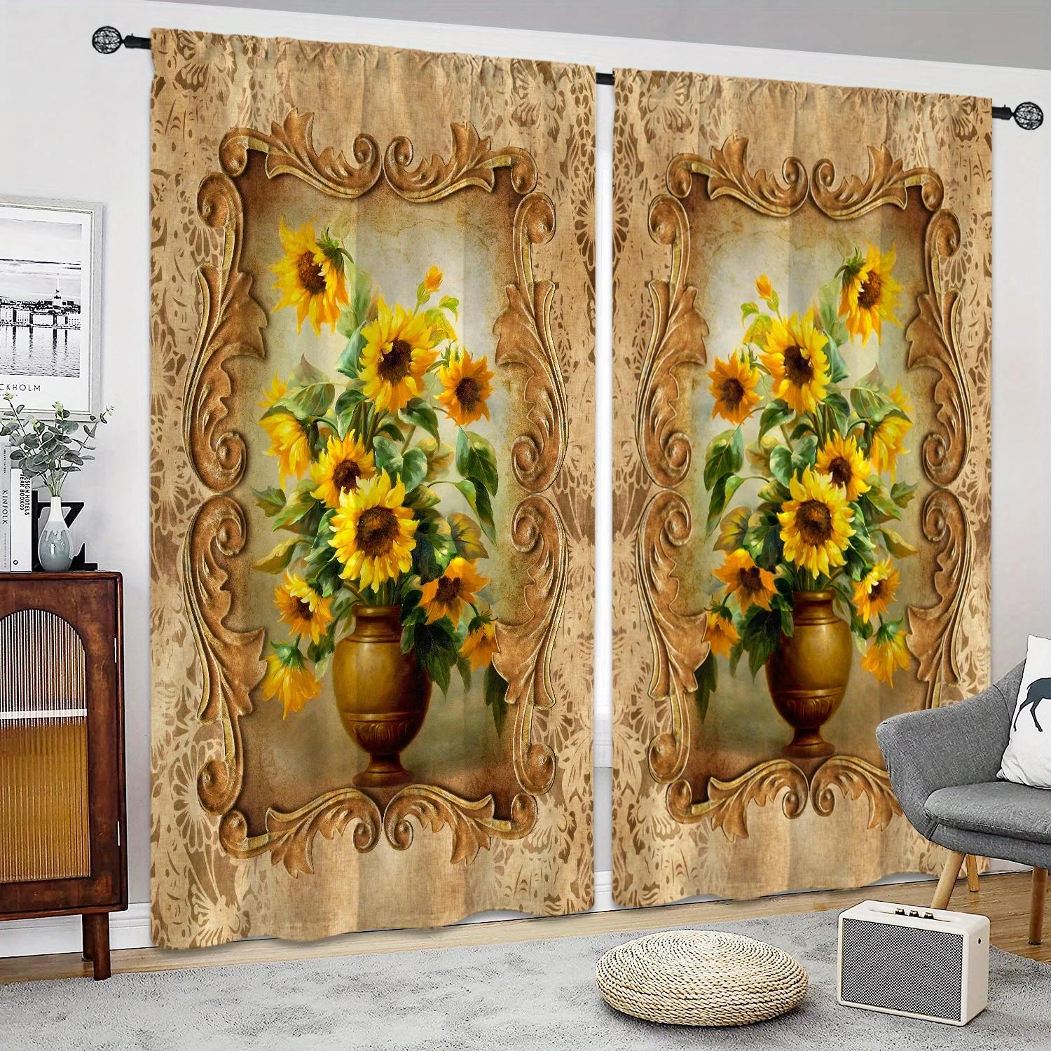 

2 Pieces Sunflower Vase Luxurious Gold Gorgeous Flowers Western Classical Vase Window Treatment Window Coverings Ideal Living Interior Room Bed W60H60(CM)x2pcs&HOOK