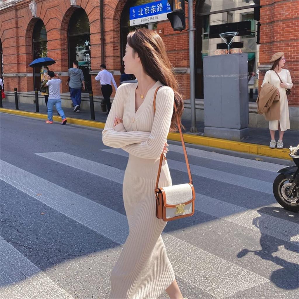 Newsight Knit Tight Long Long Sexy Bodycon Style Women's Dress, Skirt, Sleeves, V-Neck, Cute, Stylish, Off-the-Shoulder, (Beige)