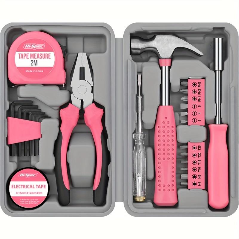 Gentle Care] Hi-Spec Pink Home Repair Tool Kit - Portable Hand Tool Set with Hammer, Vise, Wrenches,Organized Tool Storage