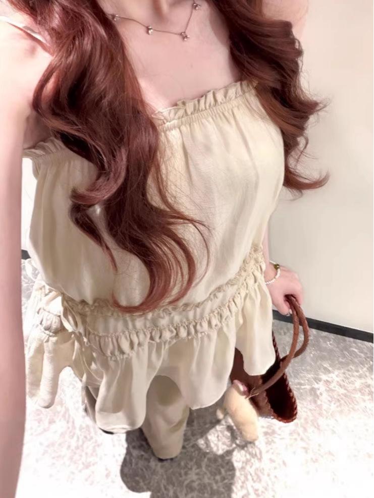 Lace Spliced A-Line Skirt & Camisole Pleated Dress - Slim-fit, Cinched Waist, Layered Vacation Style