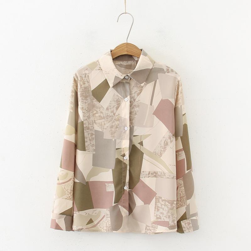 

Шифоновая рубашка с длинными рукавами и лацканами, женская рубашка в корейском стиле с геометрическим узором, сочетающаяся по цвету и драпировке L бежевый