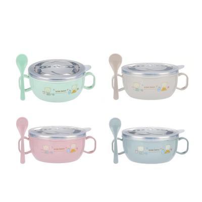 Stainless Steel Insulated Baby Bowl with Lid and Spoon - Double Handle Cartoon Design