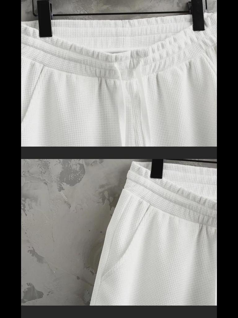 Pánská letní vaflová sada s krátkým rukávem a šortkami: M-5XL Volný ležérní dvoudílný sportovní outfit.