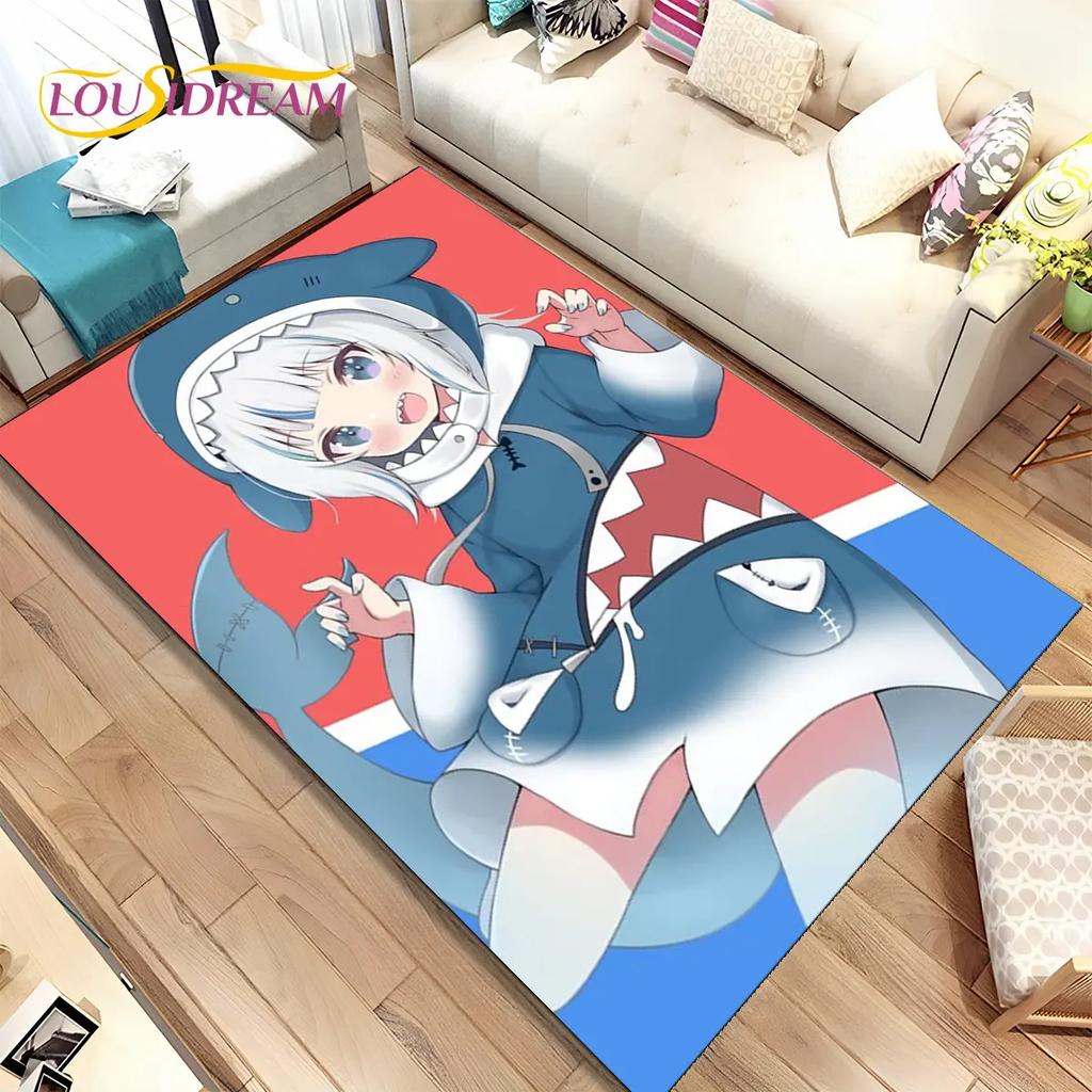 Gawr Gura Hololive Niedlicher Anime-Teppich, groß, Teppich für Wohnzimmer, Schlafzimmer, Sofa, Fußmatte, Dekoration, rutschfeste Bodenmatte für Kinder