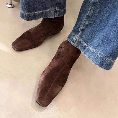 Flache Stiefeletten Wildleder Warme Frauen Schuhe Winter Marke Square Toe Casual Chelsea 2025 Trend Low Heels Schnee Stiefel Mujer Zapatos