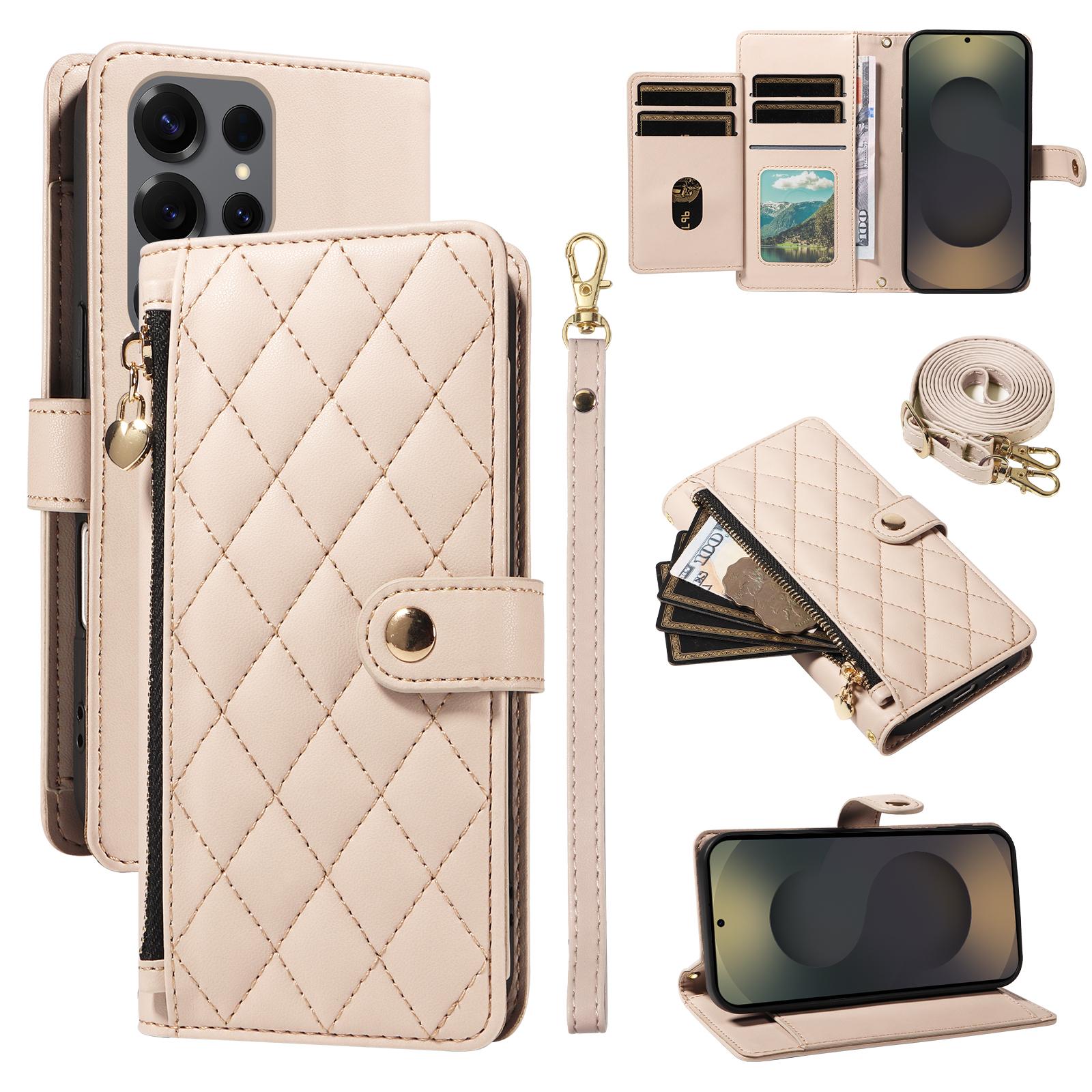 

For Samsung Galaxy S25 Ultra Wallet Case with Straps,Rhombus Leather Stand Phone Cover Beige