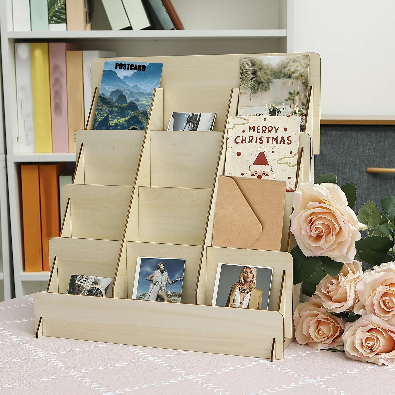 

Wood 4 Tier Greeting Card Display Stand Large Capacity Easy to Assemble Wooden Sticker Display Rack for Postcard Brochure Photo