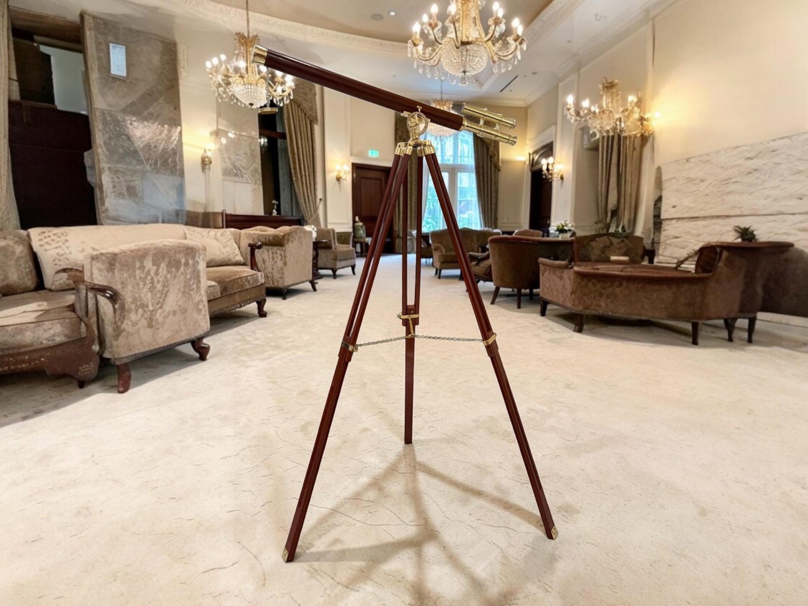 Personalized Antique Brass Telescope with Wooden Tripod – 60” Adjustable Stand