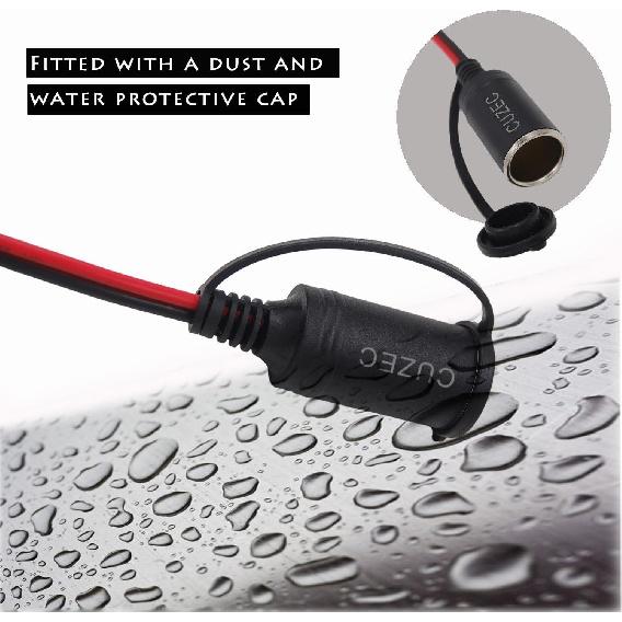 CUZEC 12V/ 24V Extension Cord Plug Socket with Battery Clamp 4.9FT / 1.5m 16 AWG Battery Clip-On and Cigarette Lighter Adapter