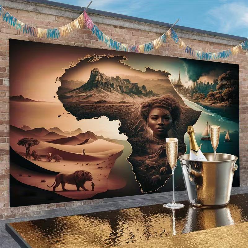 2D African Heritage Tapestry, Cultural Map Art with Desert, Mountain and Ocean Scenery