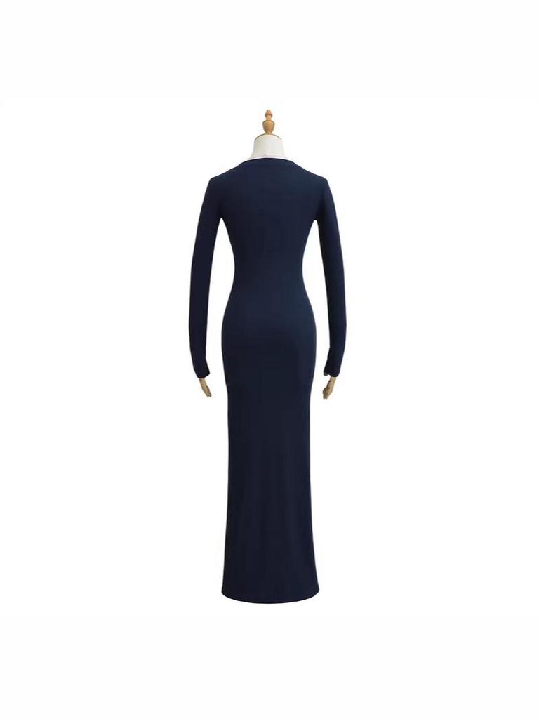 Elegant Bodycon Long-Sleeve Dress for Women - Waist-Cinched, Stretchy, Tall Figure-Flattering Long Skirt