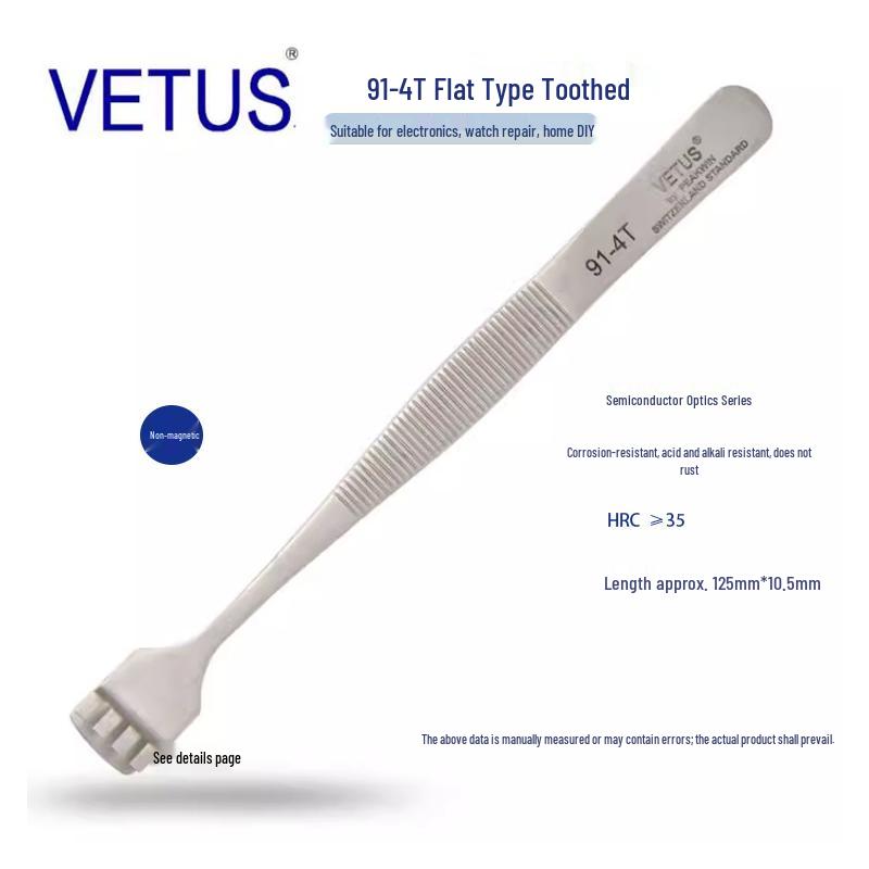 VETUS 91-4T High Precision Stainless Steel Tweezers - Acid-Resistant, Anti-Magnetic, Ideal for Toothed Crystal and Silicon Wafer Handling