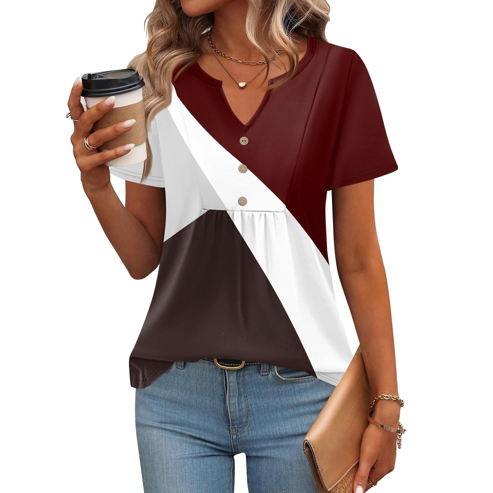

Жіночі топи з короткими рукавами Літні футболки з V-подібним вирізом Повсякденна плісирована блузка Вільна футболка з принтом Базова футболка XL винний