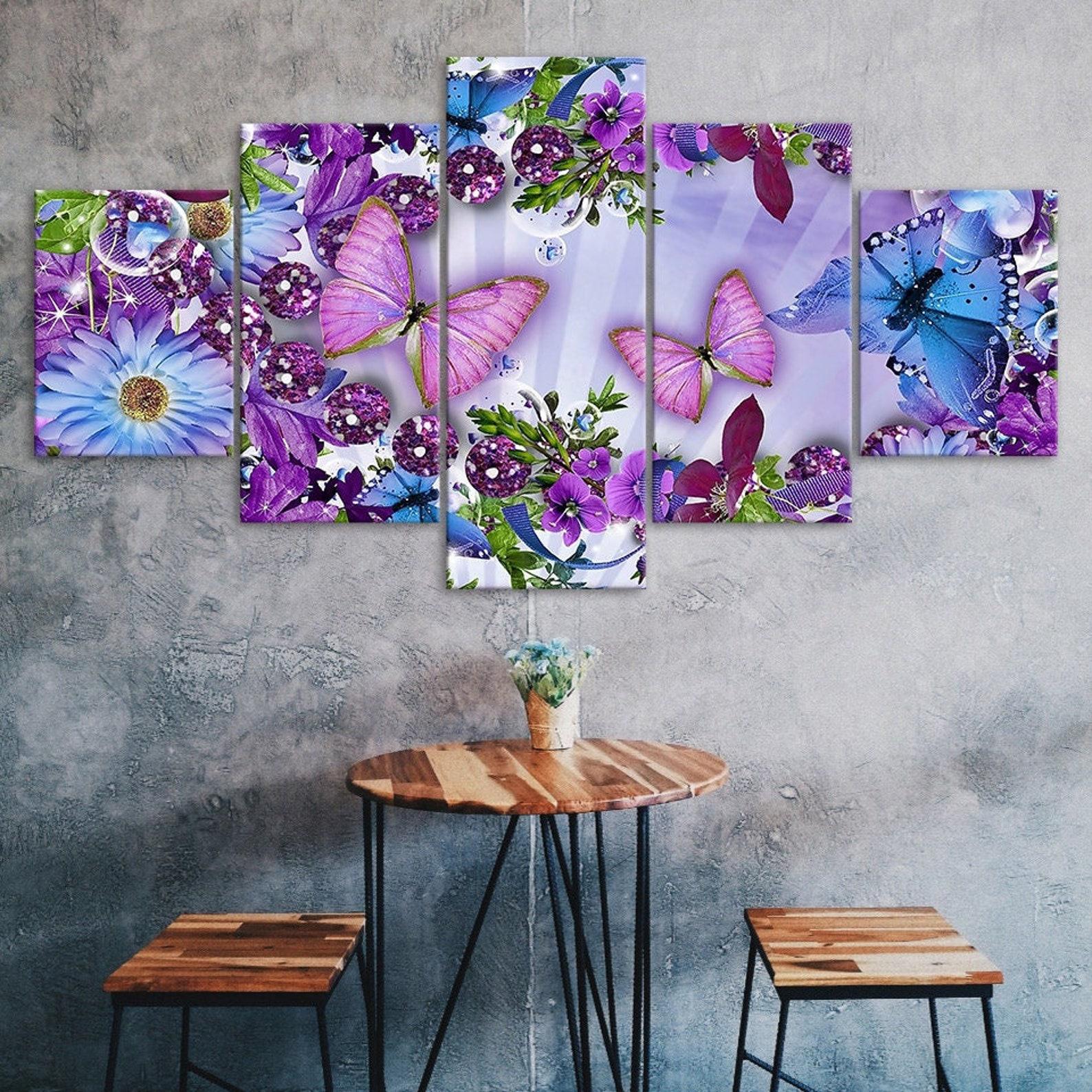 

Purple Flowers Butterflies Glowing Scenery 5 Piece Five Panel Wall Canvas Print Modern Art Poster Picture Home Decor Gift For Him For Her 20X35 20X45 20X55CM