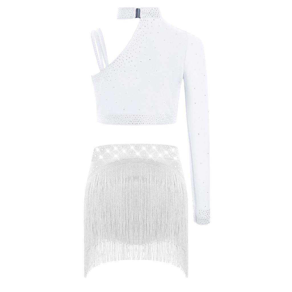 Top Cropped de Ombro Assimétrico para Meninas com Franjas de Strass Brilhantes Conjunto para Performance de Dança