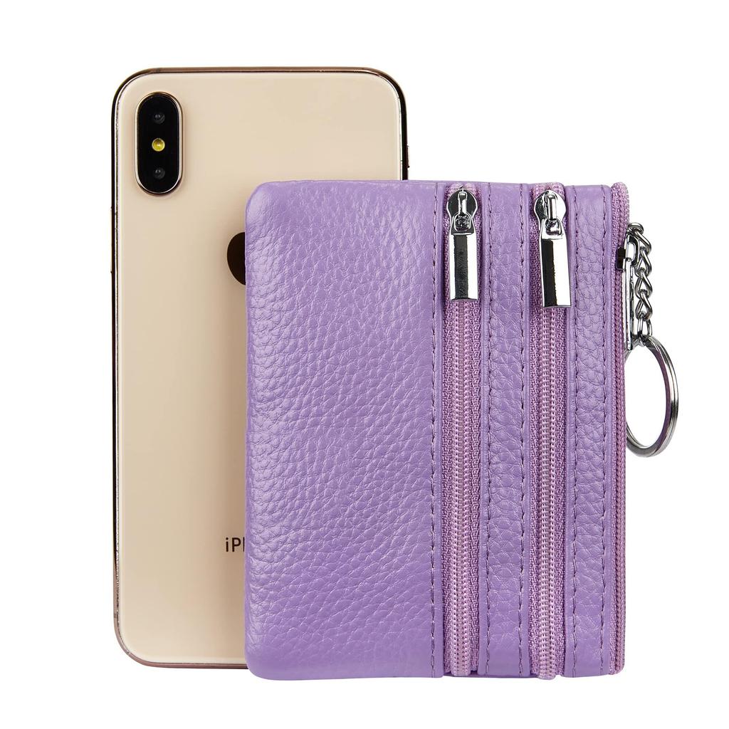 Women's Genuine Leather Coin Purse Mini Pouch Change Wallet with Keychain NEW Three Zipper Fashion Multicolor