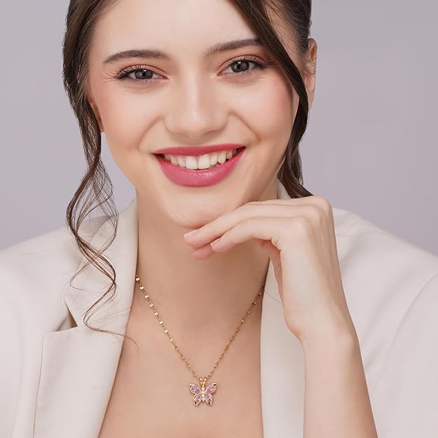 Colar Pingente Borboleta Rosa Coquette de Aço Inoxidável para Mulheres