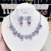 Pink Pendant Necklace Earrings For Women Engagement Trendy Crystal Jewelry Set Bridal Wedding Chokers Party Accessories Gifts