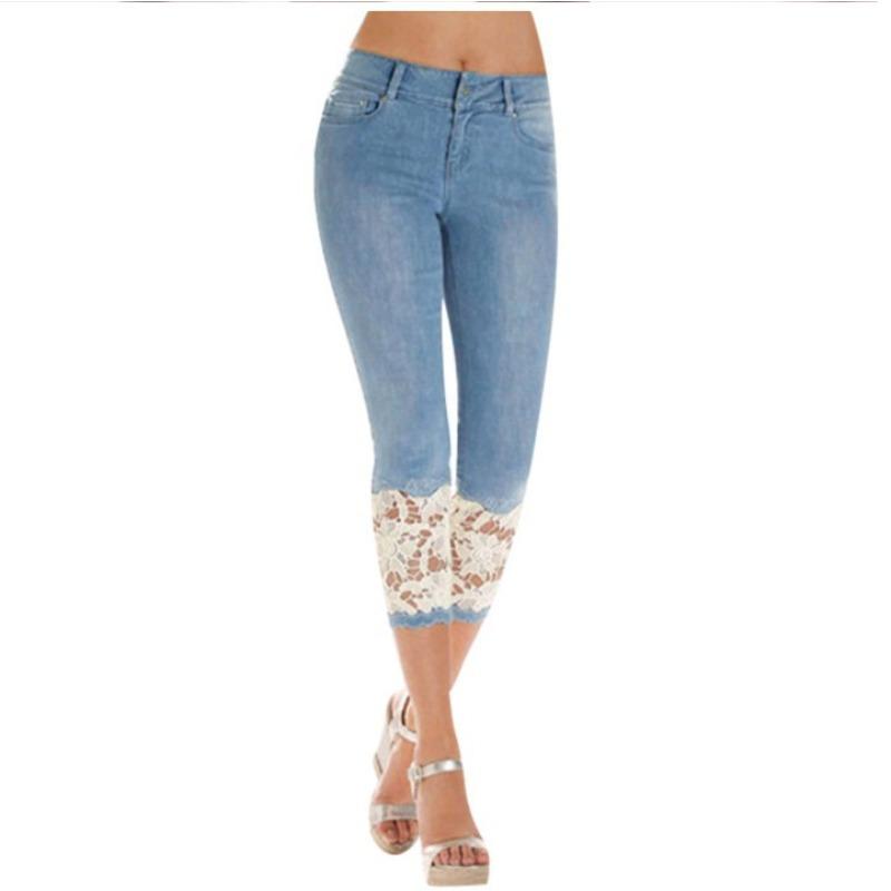 

A Woman Wearing Thin Stretch Jeans with Lace Cuffs 5XL