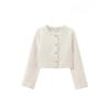 Women's Tweed Crop Jacket with Golden Buttons O Neck Long Sleeve Coat Female Outerwear