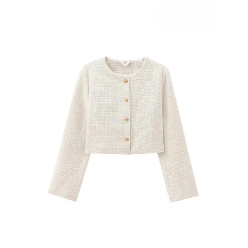 Women's Tweed Crop Jacket with Golden Buttons O Neck Long Sleeve Coat Female Outerwear
