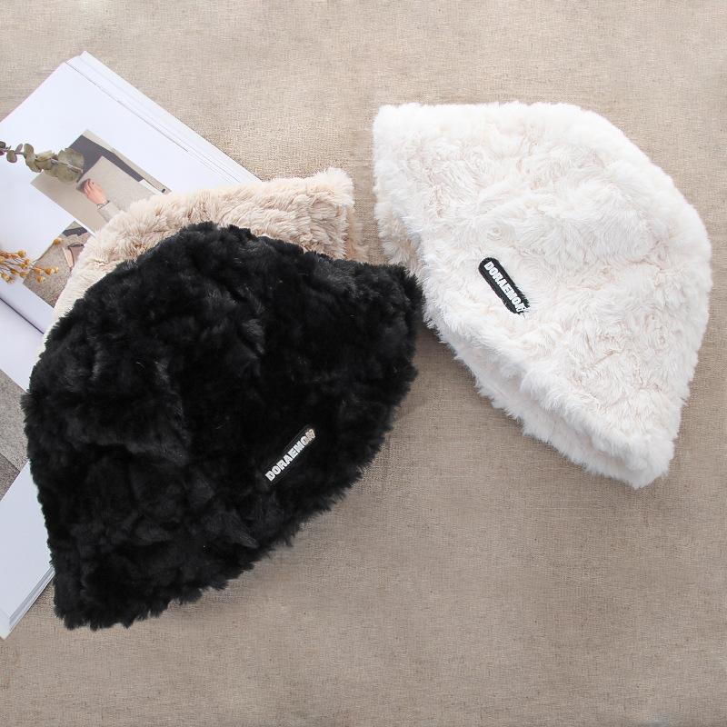 Autumn and Winter Plush Hat Women's Lamb Velvet Letter Fisherman Hat Showing Face Small Korean All Match Thickened Warm Bucket Hat