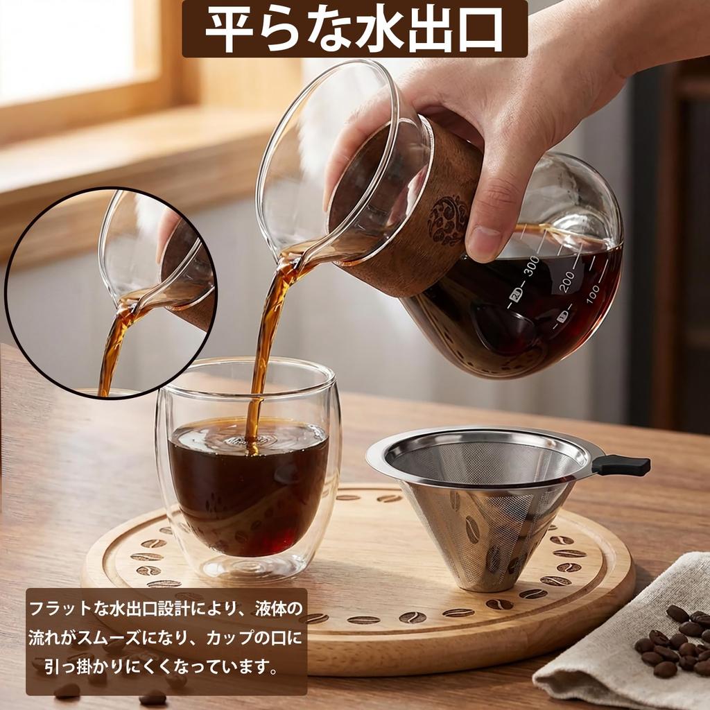 FGIUKC Drip Coffee Coffee Stainless Steel Double Microwave with Measurement Hand Drip Coffee Server Cafe Style Server, Heat-Resistant Glass, 400ml,