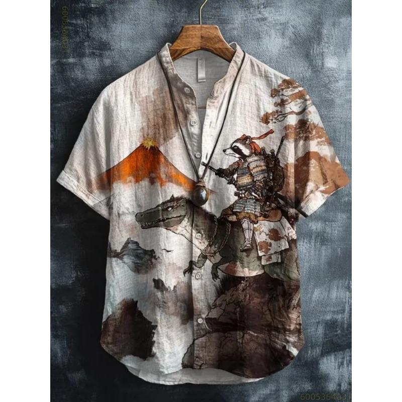 2026 New Men's Shirt Vintage Cat Printed Top Comfortable Fabric Breathable Short Sleeve Shirt Personalized Loose Casual Shirt