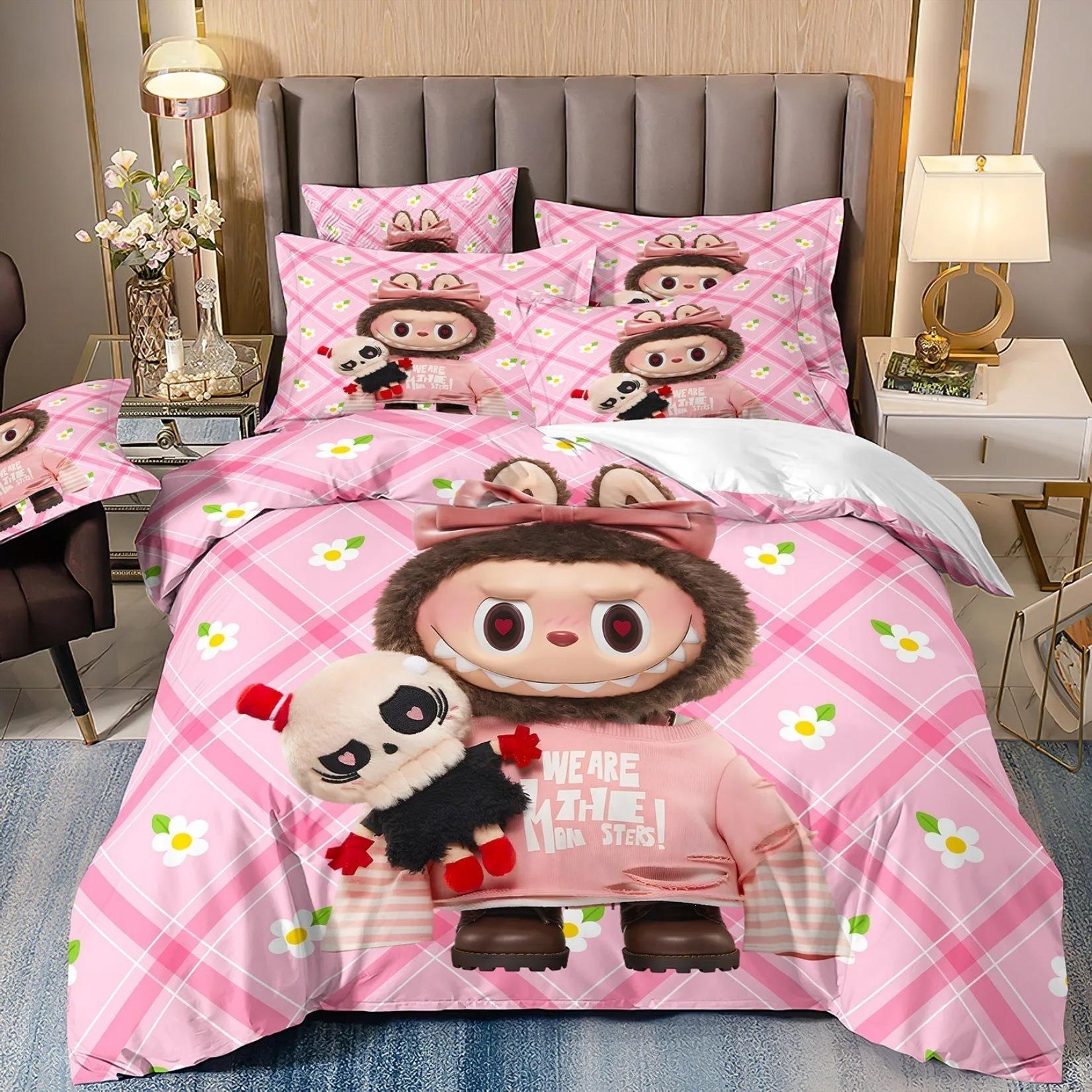 Ensemble de literie Kawaii Cartoon Exquis labu-bubu Ensemble 2/3 pièces Housse de couette Décoration de chambre à coucher Pour adolescentes Décoration de la maison Cadeau 140x200cm (2pcs)