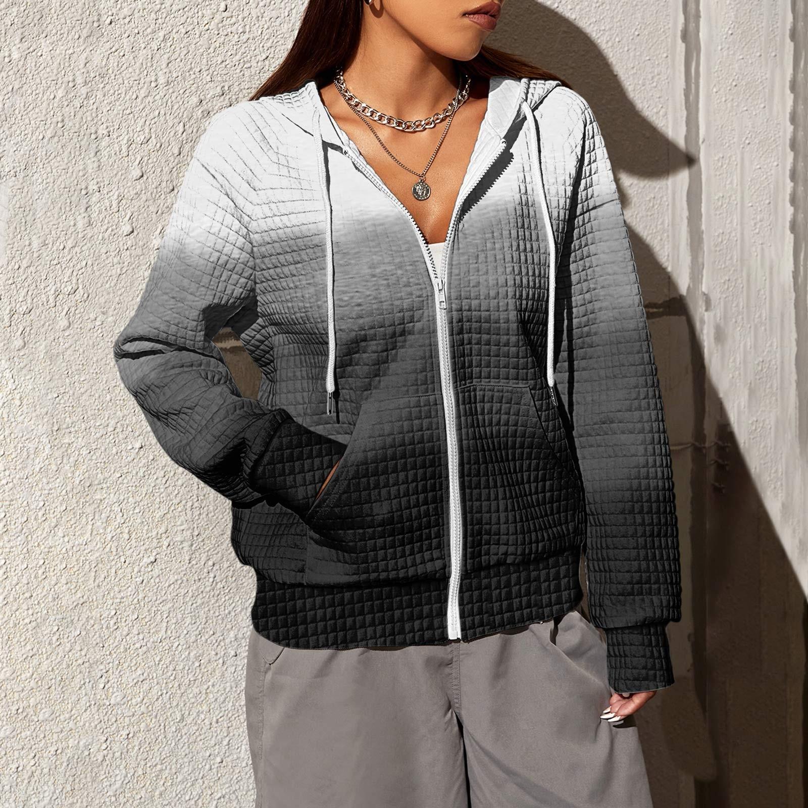 

Женская мода градиентный принт длинный рукав пальто карман свободная молния с капюшоном толстовка куртка L