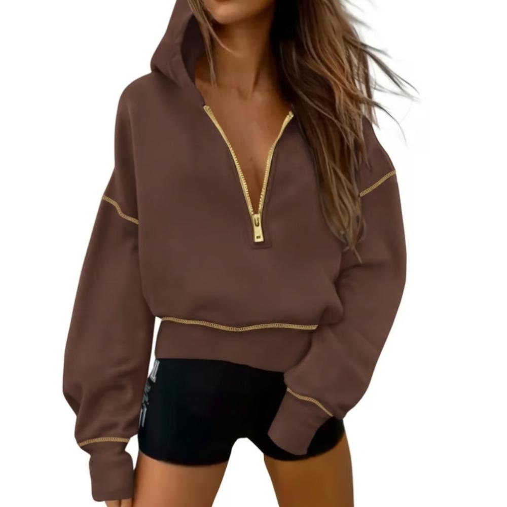 Women's Hood Neck Long Sleeve Half Zip Cropped Hoodie Loose Fit Casual Sweatshirt